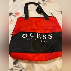 Guess Black Red Logo Large Nylon Lightweight Tote Handbag